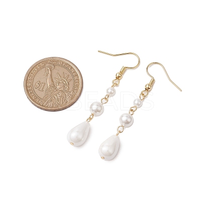 Teardrop Shell Pearl & Brass Dangle Earrings for Women EJEW-TA00513-1