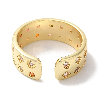 Brass Micro Pave Colorful Cubic Zirconia Star/Rhombus/Heart Wide Open Cuff Rings for Women LS-RJEW-C098-31G-1