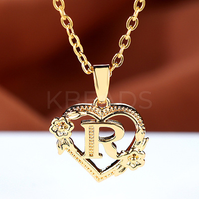 Brass Rose Flower Heart with Letter Pendant Cable Chain Necklaces FS-WG42461-18-1