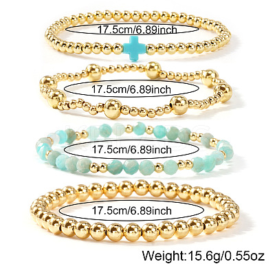4Pcs Golden Brass & Glass Round Beaded Bracelet Sets XG4611-5-1