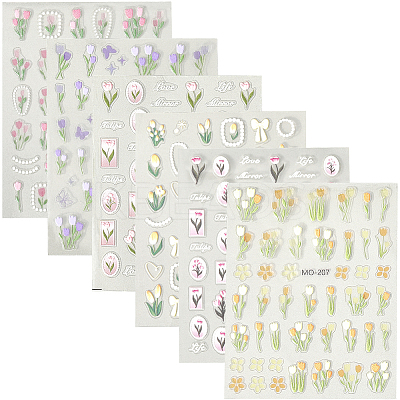 6 Sheets 6 Styles Tulip Pattern Self Adhesive PET Nail Art Stickers Decals MRMJ-SP0001-20-1
