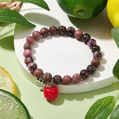 Teachers' Day Thank You 8mm Round Natural Rhodonite Stretch Bracelets BJEW-JB10432-01-1