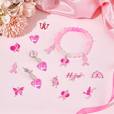 40Pcs 10 Styles Breast Cancer Pink Awareness Ribbon Theme Alloy Enamel Pendants ENAM-SC0005-02-1