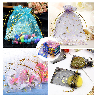 100Pcs 10 Colors Star & Moon Printed Organza Gift Bags OP-YS0001-02B-1