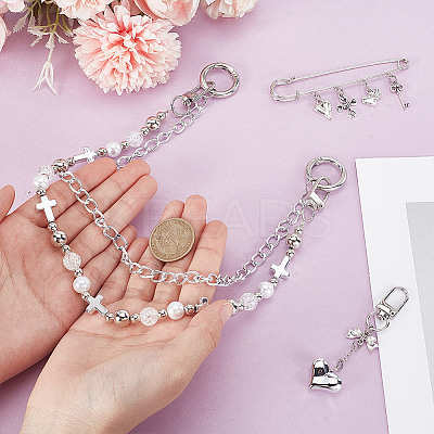 Aluminium Chains & Acrylic Beaded Double Layer Cross Purse Decorative Chains HJEW-NB00282-1