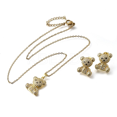 Bear Brass Micro Pave Cubic Zirconia Stud Earrings & Pendant Necklaces Sets SJEW-Z002-01G-1
