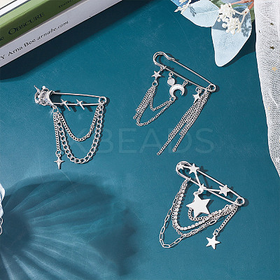 3Pcs 3 Styles Star & Moon Alloy Rhinestone Safety Pin JEWB-HY0001-46-1