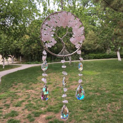 Metal Wire Wrapped Natural Rose Quartz Chips Flat Round with Tree of Life Pendant Decorations. Hanging Suncatchers TREE-PW0003-11B-1