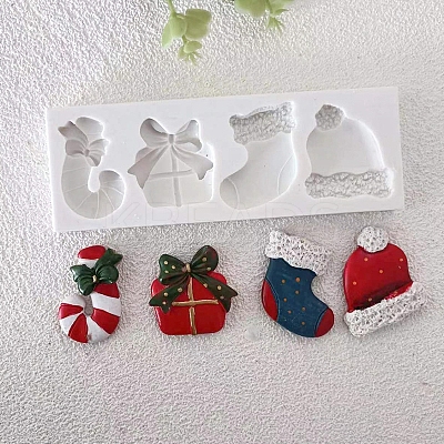 DIY Christmas Candy Cane & Gift Box & Sock & Hat Fondant Food Grade Silicone Molds XMAS-PW0001-027-1