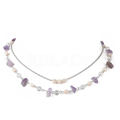 2Pcs 2 Styles Natural Amethyst Chip & Glass & 304 Stainless Steel Handmade Link Chain Double Layer Necklaces for Women NJEW-JN05363-1