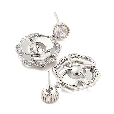 Flower Shape Brass Micro Pave Cubic Zirconia Dangle Stud Earring Findings EJEW-P237-02P-1