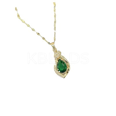 Alloy Crystal Rhonestone and Green Glass Teardrop Pendants Necklaces for Women FS-WG0BC64-01-1