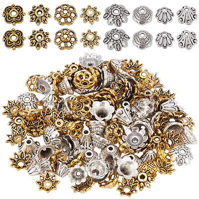 240Pcs 8 Styles Tibetan Style Alloy Flower Bead Caps FIND-SP0001-63-1