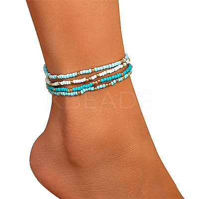 4Pcs Bohemian Style Glass Seed Rondelle Beaded Stretch Anklets for Women WG3334E-02-1