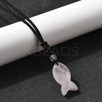 Natural Rose Quartz Fish Pendant Black Nylon Cord Necklaces NJEW-G185-01G-1