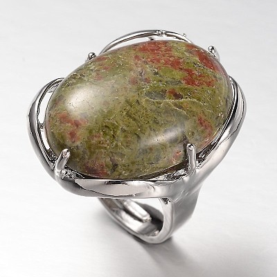 Adjustable Oval Brass Natural Unakite Wide Band Rings RJEW-L062-03I-1