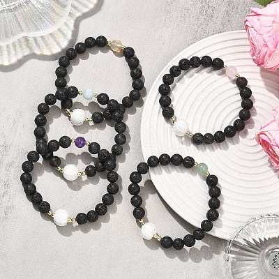 Natural Lava Rock & Lampwork & Mixed Gemstone Round Beads Stretch Bracelets for Women BJEW-JB12788-1