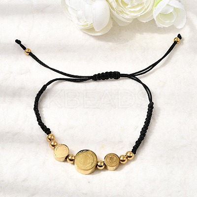 Adjustable 304 Stainless Steel Flat Round with Saint Benedict Braided Bead Bracelets for Women BJEW-K295-03G-02-1
