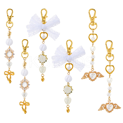 6Pcs 3 Styles Alloy with Plastic Pearl Pendant Keychain KEYC-FH00080-1