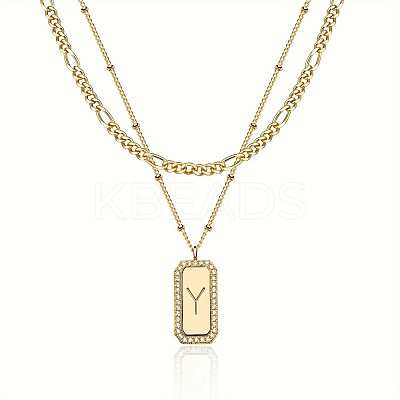 Brass Micro Pave Clear Cubic Zirconia Rectangle with Initial Pendant Double Layer Necklaces for Women FS-WG478B5-25-1