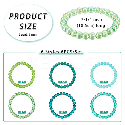 6Pcs 6 Styles 8mm Glass Round Beaded Stretch Bracelet Sets BJEW-TAC0025-1