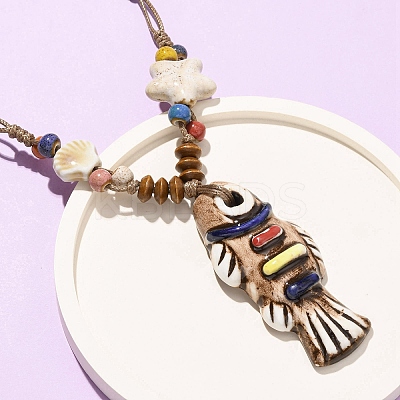 Ceramic Fish Pendant Adjustable Waxed Cord Necklaces for Women LS-NJEW-B146-01-1