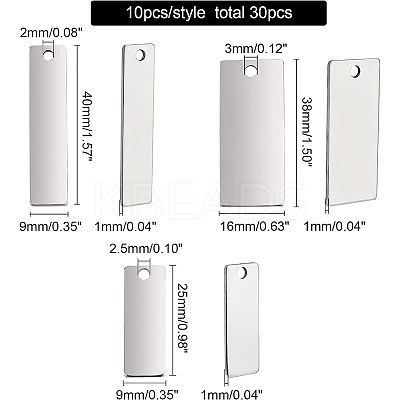 30Pcs 3 Style 201 & 304 Stainless Steel Rectangle Stamping Blank Tag Pendants STAS-BC0003-43-1