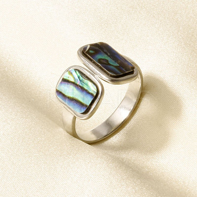 304 Stainless Steel with Natural Shell Cuff Open Rings for Women US1976-2-1