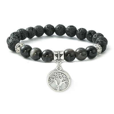 Natural Lava Rock & Silver Obsidian Beaded Stretch Bracelet with Alloy Charms BJEW-JB09453-1