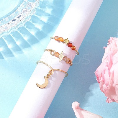 3Pcs Copper Wire Wrapped Gemstone Faceted Round Bead Finger Rings for Women RJEW-JR00887-1