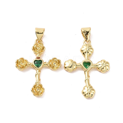 Cross with Flower Brass Micro Pave Cubic Zirconia Pendants KK-G435-06G-1