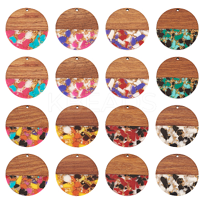16Pcs 8 Colors Transparent Resin & Walnut Wood Pendants RESI-TA0002-10-1