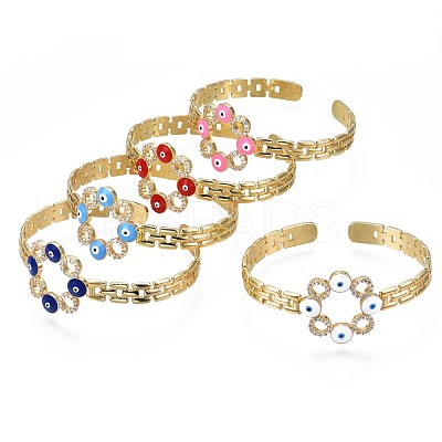 Cubic Zirconia Ring with Evil Eye Open Cuff Bangle with Enamel for Women BJEW-N012-014-1