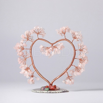 Natural Rose Quartz Chips Love Heart Tree Decorations DJEW-P017-B04-1