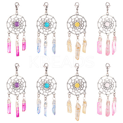 8Pcs 4 Colors Alloy Woven Net/Web with Gemstone Pendants Decorations HJEW-TA0001-30-1