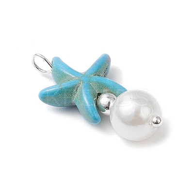 Dyed Synthetic Turquoise Starfish & ABS Plastic Imitation Pearl Pendants PALLOY-JF03794-1