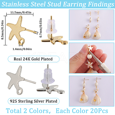 40Pcs 2 Colors Starfish Shape 201 Stainless Steel Stud Earring Findings STAS-SC0007-94-1