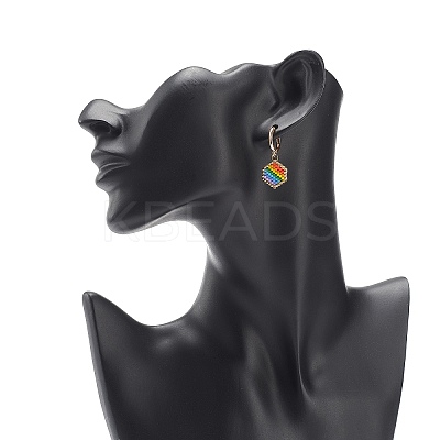 Rainbow Color Japanese Seed Braided Hexagon Dangle Hoop Earrings EJEW-MZ00005-1
