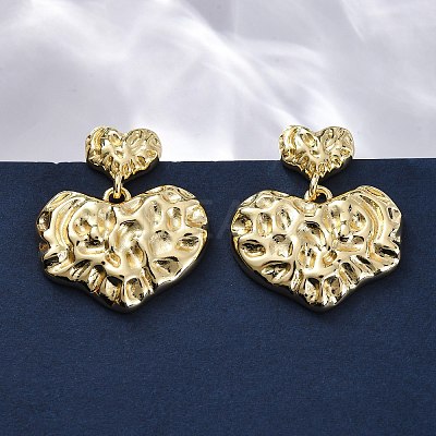 Hammered Heart Brass Dangle Stud Earrings LS-EJEW-R025-23G-1