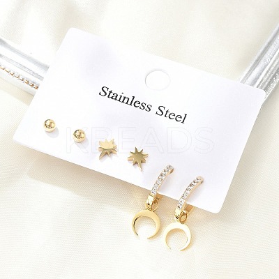 304 Stainless Steel Rhinestone Moon & Star & Round Earring Sets EJEW-Z098-22G-1