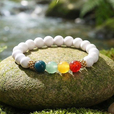 Round Natural Mixed Stone and Acrylic Imitation Pearl Beaded Stretch Bracelets for Women CO7250-1