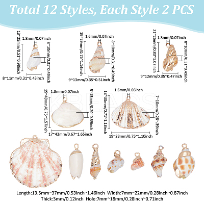 24Pcs 12 Styles Electroplate Spiral Shell Pendants SSHEL-UN0001-04-1