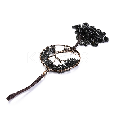 Wire Wrapped Chips Natural Obsidian Big Pendant Decorations HJEW-H057-02B-1