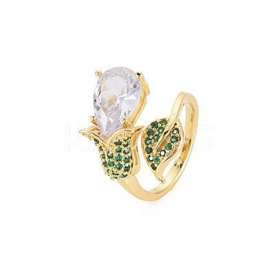 Crystal Rhinestone Flower of Life Open Cuff Ring with Cubic Zirconia RJEW-S049-019G-1