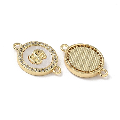 Brass Micro Pave Clear Cubic Zirconia and Natural Shell Flat Round with Dollar Sign Connector Charms KK-Z115-07G-1