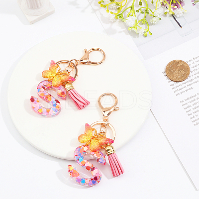 Fashion Alphabet Initial Letter Resin Keychain with Tassel Gradient Butterfly Pendant Key Ring KEYC-WH0027-105A-1