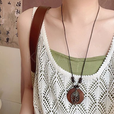 Alloy & Wood Disc Leaf Pendant Suede Cord Long Necklaces FS-WG1A008-02-1