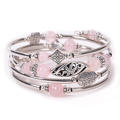 2Sets 2Pcs Bohemian Multi-Layered Natural Rose Quartz Wrap Bracelet Women's Jewelry MV3343-9-1