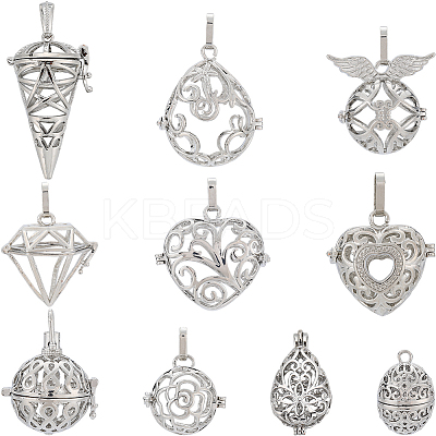 10Pcs 10 Styles Hollow Brass Cage Pendants KK-SC0004-29-1
