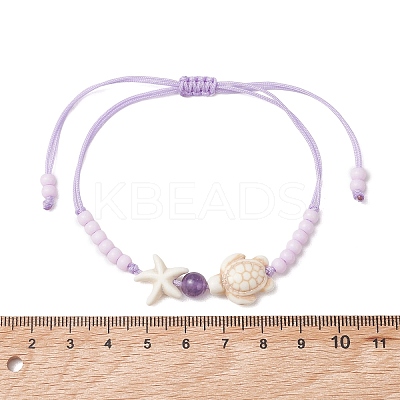 Adjustable Ocean Starfish Turtle Natural Mixed Gemstone & Glass Seed Beads Braided Bracelets BJEW-MZ00324-1
